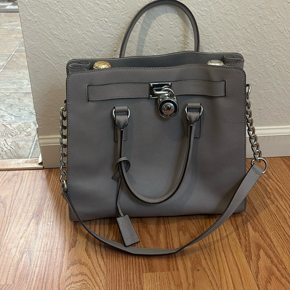 Michael Kors Hamilton Leather Large Gray Satchel Handbag Purse